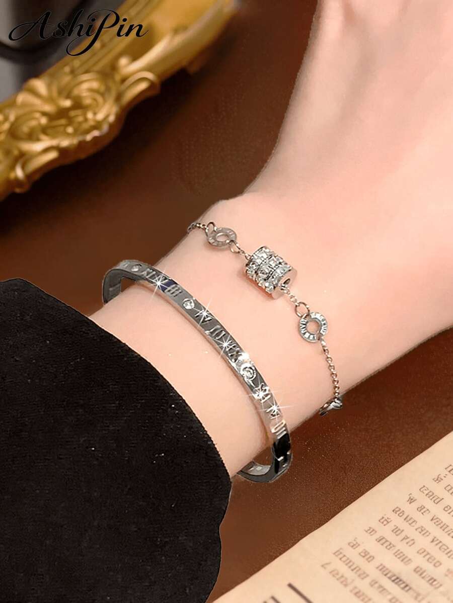 2/1 Piece New High-Quality Roman Numeral Zirconia Stainless Steel Bracelet, Bangle, Jewelry Set, Accessories Set, Suitable For Women's Delicate Wrists, Stackable, Lightweight Luxury, Unique Exquisite, Adorned With Rhinestones, Fashionable Design, Versatile Colors, Durable, Non-Fading, Perfect Daily Wear For Women