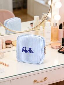 Custom Name Monogram Cosmetic Bag, Monogram Embroidered Makeup Bag, Customized Toiletry Bags,Personalized Bridesmaid Makeup Bag, Seersucker Cosmetic Bag For Girl, Large Capacity Cosmetic Bag, Makeup Organizer, Monogrammed Toiletry Bag - Multicolor - View 7