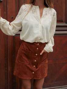 Plus Size Women's Solid Color Blouse, Delicate Lace Sewing Details, Showcasing Romantic Elegance, Fabric, Elegant Apricot Women's Shirt Spring - Apricot - View 6