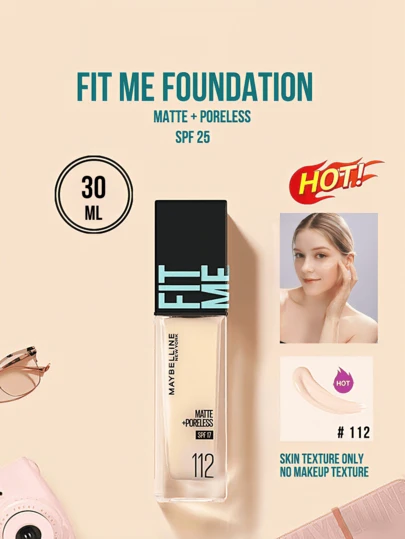 Maybelline Fit Me 哑光无瑕粉底液 SPF 17 #112 奶油象牙色，5/30ml，24 小时保湿，三合一（妆前/补妆/提亮），无痕哑光妆效，持久滋养，轻松三步上妆，适合白皙至浅肤色及油性肌肤，打造持久无瑕底妆。