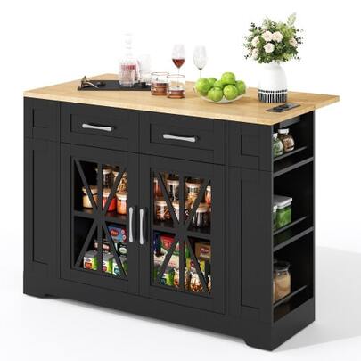 120cm Portable Kitchen Island Table With Folding Dining Table, Open Shelf, Glass Door, Adjustable Laminate, Casters With Brake, Ideal For Kitchen, Dining Room, Living Room, Etc.