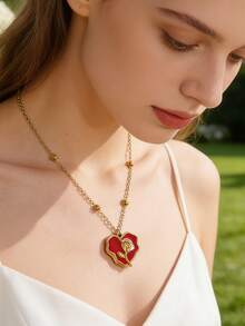 Dây chuyền mặt dây chuyền bằng thép không gỉ VceTd dành cho nữ, mặt dây chuyền hình trái tim bất đối xứng với thiết kế hoa hồng, thích hợp để đeo hàng ngày, đi làm, dự tiệc, hẹn hò, hoặc làm quà tặng cho người thân yêu hoặc bạn bè nữ. - Vàng - Xem 4