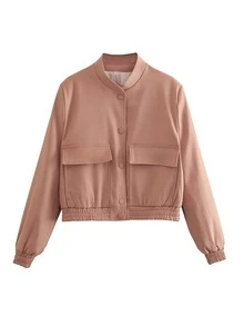 Women's Spring Casual Bomber Jacket With Large Pockets, Loose Fit Stand Collar Streetwear Coat - Watermelon Pink - View 2