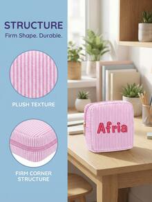 Custom Name Monogram Cosmetic Bag, Monogram Embroidered Makeup Bag, Customized Toiletry Bags,Personalized Bridesmaid Makeup Bag, Seersucker Cosmetic Bag For Girl, Large Capacity Cosmetic Bag, Makeup Organizer, Monogrammed Toiletry Bag - Multicolor - View 5