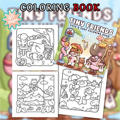 46页 - 220克，可爱迷你动物主题涂色书，纸张厚实耐用，风格柔和可爱，包含昆虫、小牛、犀牛等迷你可爱动物，线条画，多层设计，适合儿童涂色、缓解压力、放松身心、促进亲子互动，是送给女孩、婚礼季、母亲节的完美礼物。
