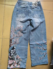 ‌Y2K Hip-Hop Streetwear Men's Jeans: Heavyweight Embroidered Wide-Leg Pants, Loose Fit Vintage Style‌ - 藍色2(已生產) - 查看 6