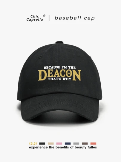 Black Baseball Cap With Gold "Because I Am A Deacon" Text, Lightweight Neutral Christian Clergy Headwear Suitable For Deacons, Pastors And Religious Activities - Casual And Formal Ministry Attire, Showcasing Spirituality