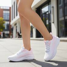 Tenis de mujer casuales y deportivos, zapatillas de malla transpirable con suela de goma suave, zapatos para mujer cómodos y ligeros para correr, tenis para mujeres con cordones y plataforma de estilo moderno y elegante, calzado deportivo con amortiguación y suela flexible de alta calidad. - Rosa - Ver 10