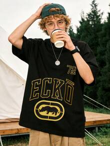 Ecko Unltd 72 Gold Graphic Black T-Shirt, Vintage Sports Style Rhino Logo Urban Street Wear Tee For Men, Vintage Sports Event, Summer Music Festival, Urban Hangout, Casual Daily Wear. - 黑色2 - 查看 1