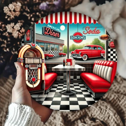 8-Inch Round Vintage American Diner Metal Wall Art, Featuring Red & White Checkered Roof, Jukebox, And Classic Car - Ideal Gift For Men, Women, And Friends - Perfect For Entryway, Porch, Living Room, And Bedroom Decor | Retro Wall Decor | Durable Metal Art, Metal Wall Decor, Pre-Drilled Holes, Style As Shown In Size Image