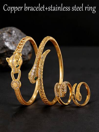 4/1 pieza - Conjunto de joyas de estilo europeo y americano de alta gama, pulsera de cobre combinada con anillo de acero inoxidable, elemento de cabeza de serpiente de guepardo, a la vez elegante y lujoso
