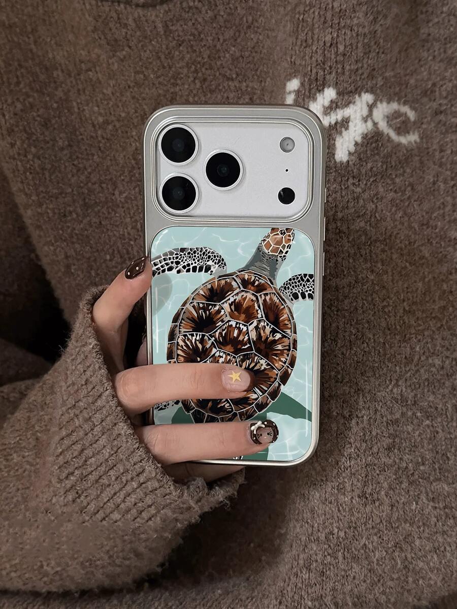 2026新款电镀树脂银边韩版独特简约清新海龟图案优雅手机壳，适用于苹果17/16/15/14/13/12/11英寸机型 - 彩色 - 查看 1