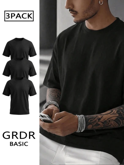 GRDR | 3-Pack Men's Summer Casual Basic Solid Color Crew Neck Short Sleeve T-Shirts, Suitable For Daily Wear