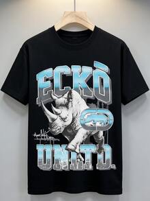 Ecko Unltd Blue Gray Rhino Black T-Shirt, Graffiti Style Urban Street Wear Hip Hop Casual Tee For Men, Graffiti Art Event, Urban Street Style, Summer Hangout, Skateboarding Outfit. - 黑色3 - 查看 3