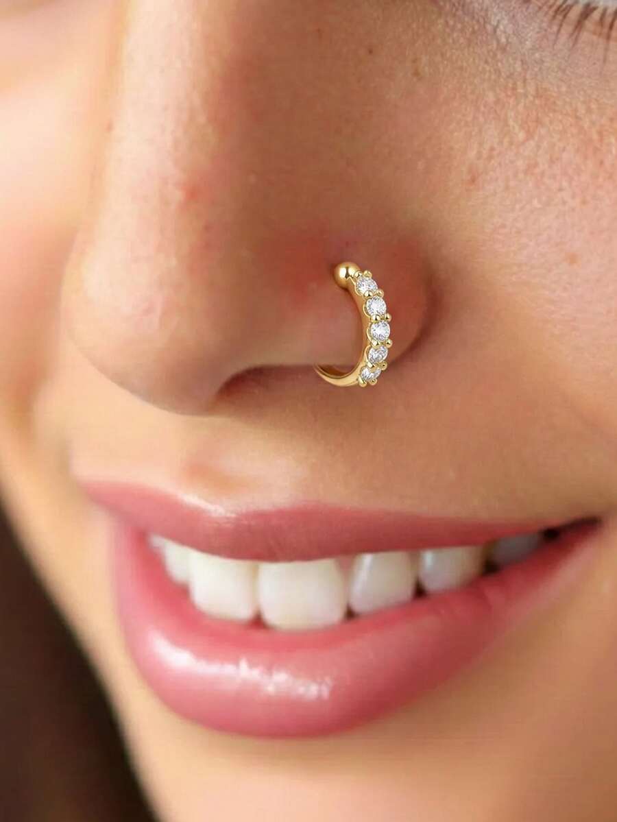 1Pc 925 Sterling Silver Classic Single Row Cubic Zirconia Nose Ring Small And Light Piercing Jewelry Hypoallergenic Pure Silver Suitable For Women's Daily Wear, Parties, And Banquet Occasions - Gold - View 1