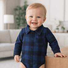 Baby Clothes Bodysuit Flannel Shirt Plaid Long Sleeve Boy June Party Red White/Black Green Blue - Màu xanh hải quân - Xem 2