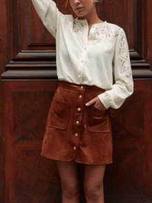 Plus Size Women's Solid Color Blouse, Delicate Lace Sewing Details, Showcasing Romantic Elegance, Fabric, Elegant Apricot Women's Shirt Spring - Apricot - View 5