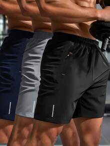 Quần short thể thao nam nhanh khô, quần chạy bộ cạp chun có túi khóa kéo và sọc phản quang, quần short tập luyện mùa hè thường ngày. - màu đen - Xem 7