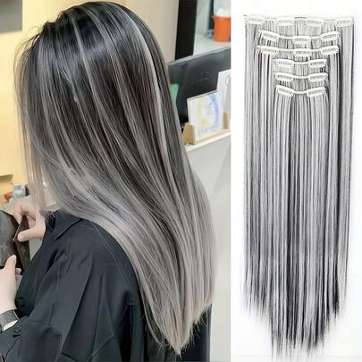 24inch Synthetic Chemical Fiber Heat Resistant Clip-In Hair Extensions Wig Black Gray Color Long Straight Hair Wig Piece Suitable For Women ' Day Party Use