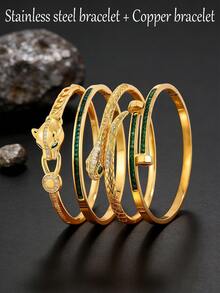 4件套 - 多功能金手镯套装，铜手镯+不锈钢手镯，绿色锆石+雕刻设计，经久耐用不褪色，通勤和约会时引人注目。 - 金色 - 查看 12