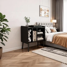 Soporte para reproductor de discos de mediados de siglo, soporte para gabinete de discos de vinilo con almacenamiento de hasta 100 álbumes, mesa de reproductor de discos para sala de estar - Negro - Ver 5