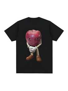 Kaos Katun Kualitas Tinggi Pria, T Shirt Atasan Lengan Pendek Kasual Retro Apple Dengan Wajah Meme Uniseks - 黑色 - 查看 1