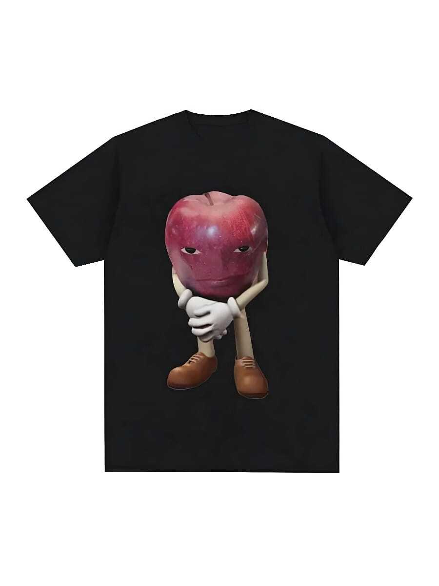 Kaos Katun Kualitas Tinggi Pria, T Shirt Atasan Lengan Pendek Kasual Retro Apple Dengan Wajah Meme Uniseks - 黑色 - 查看 1