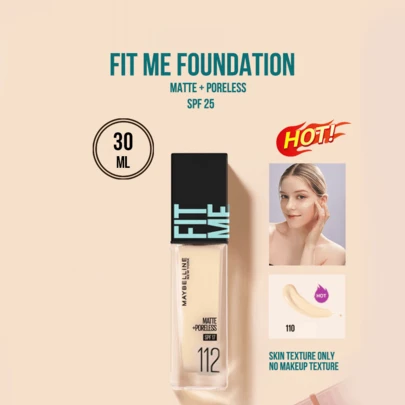 Maybelline Fit Me 哑光无瑕粉底液 SPF 17 #112 奶油象牙色，5/30ml，24 小时保湿，三合一（妆前/补妆/提亮），无痕哑光妆效，持久滋养，轻松三步上妆，适合白皙至浅肤色及油性肌肤，打造持久无瑕底妆。