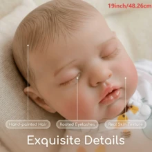 19-Inch Vinyl Mango Print Romper Teddy Handmade Reborn Doll, Fabric Body Realistic Doll, Handmade Implanted Golden Hair, Companion Collectible Toy. (Comes With Random Pacifier, Bottle, Diaper) - Mint Green - View 2