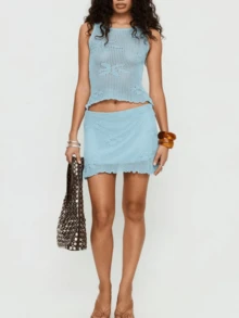 Women's Floral Embroidery Hollowed-Out Knitted Suit Mesh Sheer Blue Crochet Cami Top And Low Waist Pencil Skirt Sets SeeThrough Going Out Sets Summer Vacation Outfits Beachwear - 藍色 - 查看 4