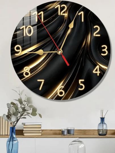 10-12 Inch Wooden Clock, Fantasy Theme, Black Gold Wave Design, Silent, Analog, Japanese Quartz Movement, AA Battery Not Included, Suitable For Living Room Or Office Decor, Modern Elegant Business Partner Gift, Office Clock | Modern Wall Clock | Quartz Clock