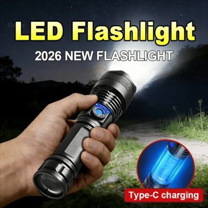 Linterna LED portátil de alta potencia, de ABS recargable, con zoom, táctica, multimodal, para aventuras al aire libre, campamento y foco de luz intensa