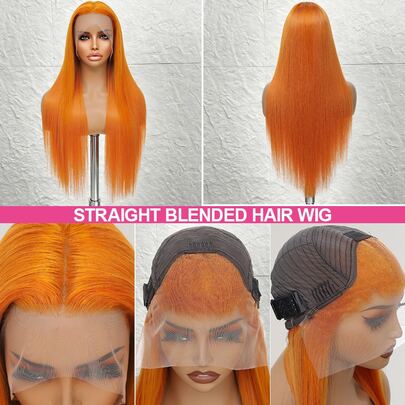 Wear And Go Glueless Wigs Human Blended Hair Pre Plucked 13x4 Ginger Orange Color Straight Lace Front Wigs Human Blended Hair Wigs For Women No Glue Hd Lace Front Closure Ready To Wear Wigs 200% Density 24 Inch