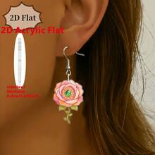 2D Acrylic Rose Earrings – Pink Floral With Green Gem, Sweet Gifts For Women - Multicolor - View 3