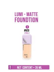 Maybelline LUMI-MATTE 粉底液 #N20 自然米色 35ml/10ml，比普通粉底液轻盈 54%，轻盈持久配方，革命性的 3D 成膜技术打造轻盈网状妆效（防水防汗），呈现自然无面具感的珠光透明光泽和蓝调光彩，卸妆后滋养肌肤，有效遮盖瑕疵，适合中性至白皙肤色，轻松三步打造全天候无瑕妆容，日常妆容的理想之选，亲肤配方。 - 美寶蓮持妝輕透粉底液N20 - 查看 12