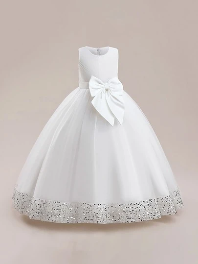 Tween Girl Sequin Bow Tulle Party Dress, Suitable For Formal Dinner, Birthday, Does Not Include Headband