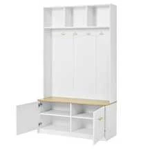 Complete Clothes Rack Set With Bench, Open Shelf And Two Doors – Compact Rack With 4 Hooks, Natural White, Dimensions 105*40*180 Cm - White - View 8