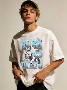 Ecko Unltd Blue Gray Rhino White T-Shirt, Graffiti Style Retro Urban Street Wear Casual Tee For Men, Casual Art Event, Retro Street Style, Summer Brunch, Daily Errands. - 白色3 - 查看 2