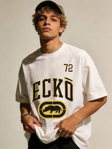 Ecko Unltd 72 Gold Graphic White T-Shirt, Vintage Sports Style Rhino Logo Casual Urban Tee For Men, Casual Sports Event, Summer Barbecue, Retro Street Style, Daily Errands. - 白色2 - 查看 2