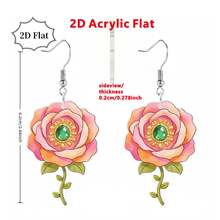 2D Acrylic Rose Earrings – Pink Floral With Green Gem, Sweet Gifts For Women - Multicolor - View 5
