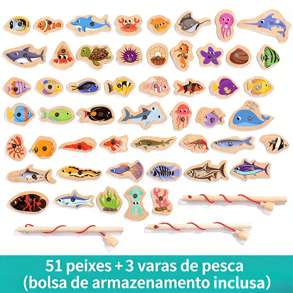 MEDOOSI-54 Pieces Kids Wooden Magnetic Fishing Toy Set/Children's Educational Game - 51PCS - 查看 1