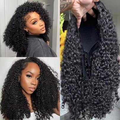 SHINEHAIR Peruca cacheada 3 em 1 feminina, densidade 200%, cabelo cacheado natural, sem cola, ideal para viagens, faixa de cabelo invisível com cordão, perfeita para iniciantes, faixa de cabelo com cabelo cacheado natural, sem cola, ideal para viagens, frente de renda, cor natural, faixa de cabelo para uso diário