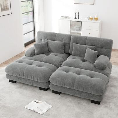 Clouds Corner Sofa, Chenille Double Sofa With 2 Lumbar Pillows And 2 Decorative Cushions, Wide Armrests, Upholstered Sofa With 2 Footrests, Grey Chenille