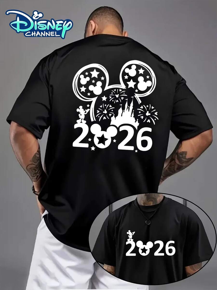Disney, 2026 New Year Mickey Mouse Print Men's Fashion T-Shirt, Summer Sports And Casual Versatile Short-Sleeved Shirt, Simple Pullover Crew Neck Short-Sleeved Men's T-Shirt, Suitable For Casual Wear And Daily Activities, Perfect For Gifting. - 黑色 - 查看 1