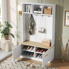 Complete Clothes Rack Set With Bench, Open Shelf And Two Doors – Compact Rack With 4 Hooks, Natural White, Dimensions 105*40*180 Cm - White - View 1