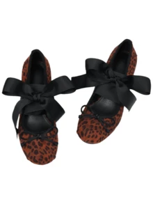 Women's Fashion Lolita Ballerina Style Shoes Square Toe High Heels Cross Strap Mary Jane French Girl Satin Bow Solid Color Fashion Y2K Outdoor Shoes - 豹紋 - 查看 6