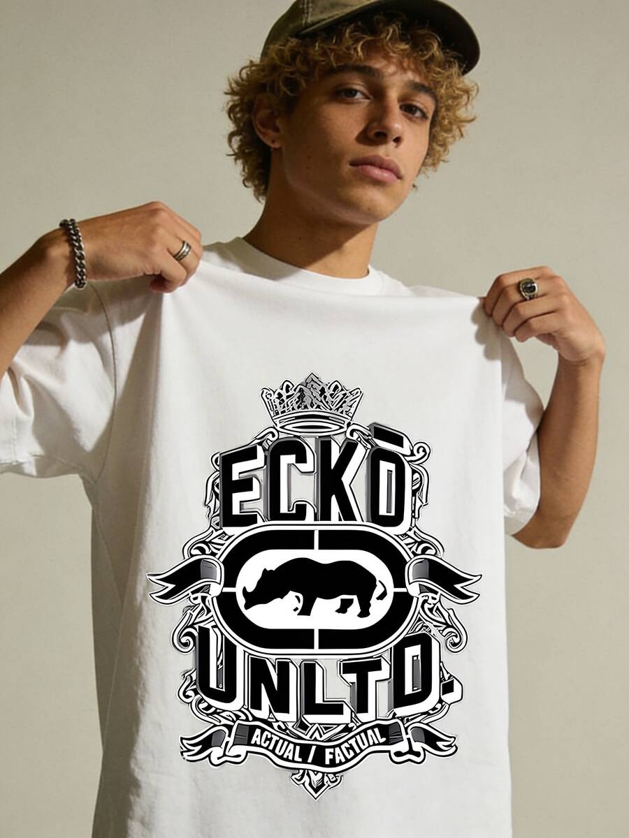 Ecko Unltd Crown White T-Shirt, Rhino Logo Retro Urban Street Wear Casual Tee For Men, Casual Brunch, Retro Street Style, Summer Hangout, Skate Park Outfit. - Trắng 1 - Xem 1