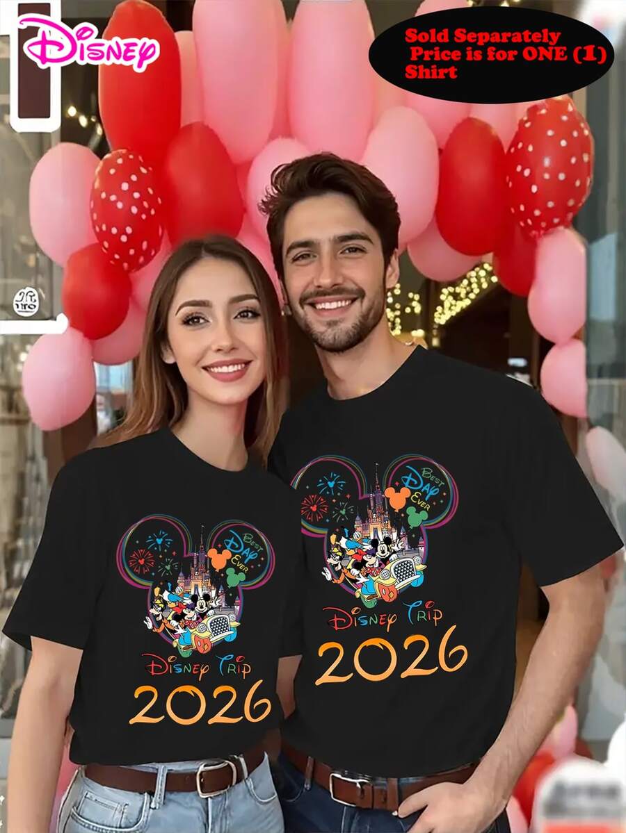 One Couple's Round-Neck Short-Sleeved T-Shirt, Featuring A New 2026 Disney Mickey And Minnie Mouse Design. Men's Regular Fit, Machine Washable, Suitable For Autumn And Winter Casual Wear.  Features A Cartoon Character Design, Comfortable Fabric, Detailed Description, Easy Care, And Makes An Excellent Gift. - 一件女士-黑色 - 查看 1