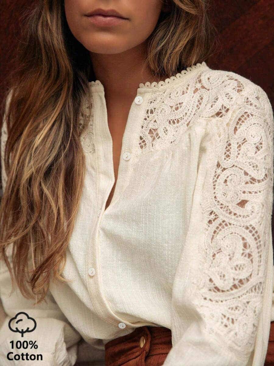 Plus Size Women's Solid Color Blouse, Delicate Lace Sewing Details, Showcasing Romantic Elegance, Fabric, Elegant Apricot Women's Shirt Spring - Apricot - View 1