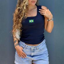 Women's Cropped Tank Top Brazil Ribbed Knit Flag Embroidered World Cup 2026 Promotion - 藏蓝色 - 查看 6